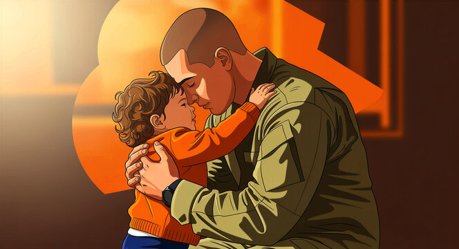 Soldier in uniform hugging a child in an emotional embrace. Military father and son reunion against a warm sunset background. Patriotism and family love concept for Veterans Day campaigns.
