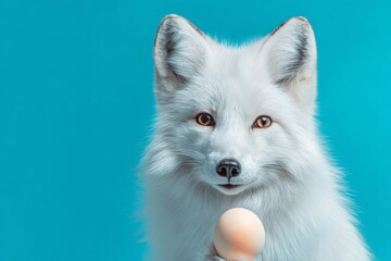 Naklejka premium Charming easter fox: a delightful greeting image. Acid colors. Cute fox with easter egg on minimalist background, spreading happiness. Minimal layout. Abstract neon.