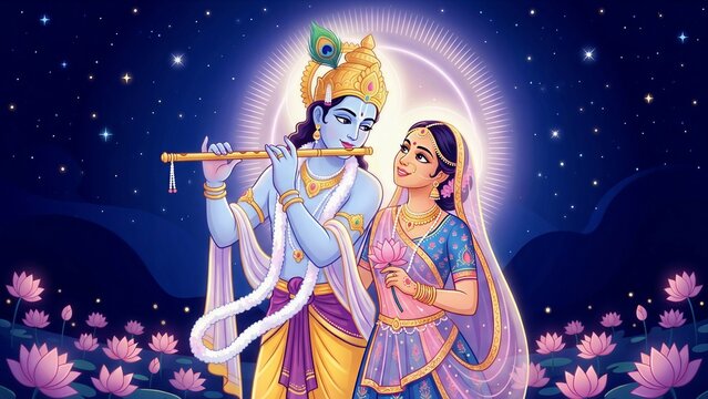 A captivating image of Radha and Krishna together under a starry sky. Krishna, with his flute, and Radha, holding a lotus, reflect a timeless love that transcends the mortal realm