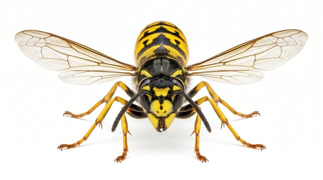 Yellowjacket wasp with open translucent wings in macro detail against a blurred background