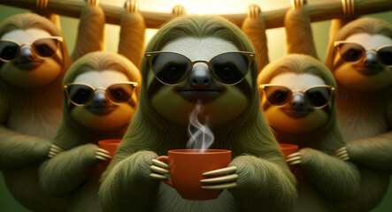 Fototapeta premium A group of cool sloths wearing stylish sunglasses and holding steaming coffee cups while hanging. Anthropomorphic characters smiling and relaxing. Humorous morning routine and work-life balance.