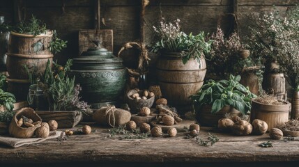 Fototapeta premium Rustic kitchen display of fresh herbs, root vegetables, and artisanal ingredients in wooden containers, evoking farm-to-table lifestyle and natural cooking