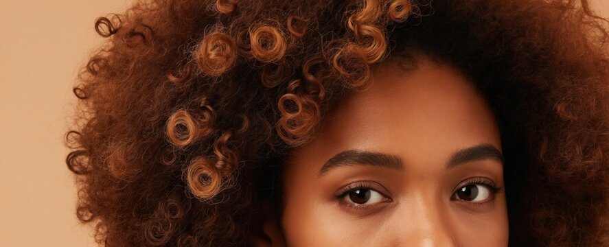 Close-up of woman with natural afro curly hair. Her brown texture has light brown highlights. Smooth skin shows perfect eyebrows and eye makeup.