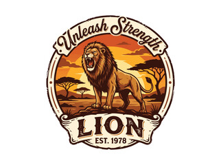 Vintage roaring lion mascot logo, retro safari badge with unleash strength text, majestic lion king illustration in African savanna sunset © Hiền