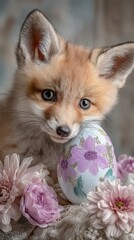 Naklejka premium Easter's warmth and happiness in fox cub's embrace. Everyday sce