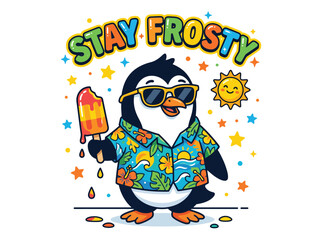 Cute penguin cartoon character wearing sunglasses and aloha shirt, stay frosty summer typography, funny penguin vector illustration with popsicle © Hiền