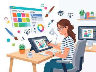 Graphic designer working on digital tablet, creative artist illustrator at desk with software interface, professional woman drawing vector art © Hiền