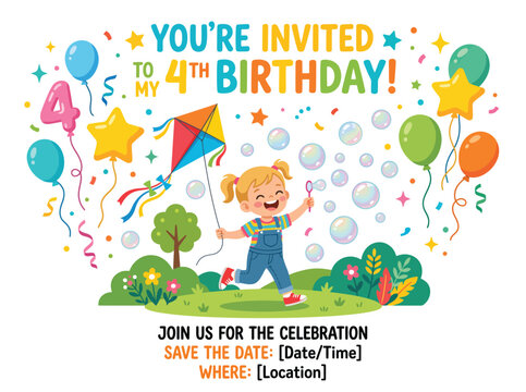 Colorful 4th birthday invitation vector, happy girl celebrating fourth birthday party with bubbles and kite, festive child birthday card template