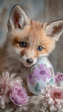 Easter's warmth and happiness in fox cub's embrace. Everyday sce