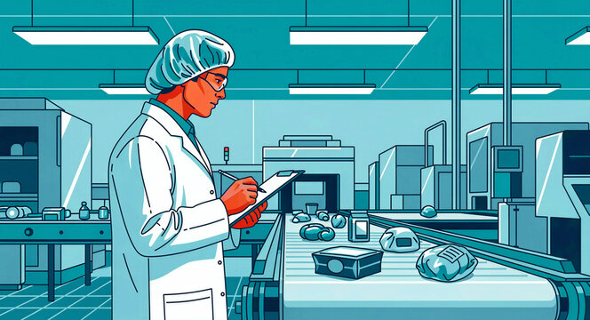 Scientist in lab coat monitoring production on a factory conveyor belt. Quality control inspector checking packages on an automated assembly line. Manufacturing safety concept for automation.