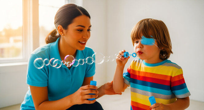 Boy with eye patch blowing bubbles with a smiling therapist. Child receiving vision therapy and pediatric medical care. Amblyopia treatment concept, ideal for healthcare marketing and education.