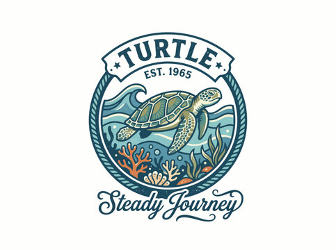 Vintage sea turtle emblem with ocean waves and coral reef, nautical turtle badge illustration, retro marine life vector logo for apparel