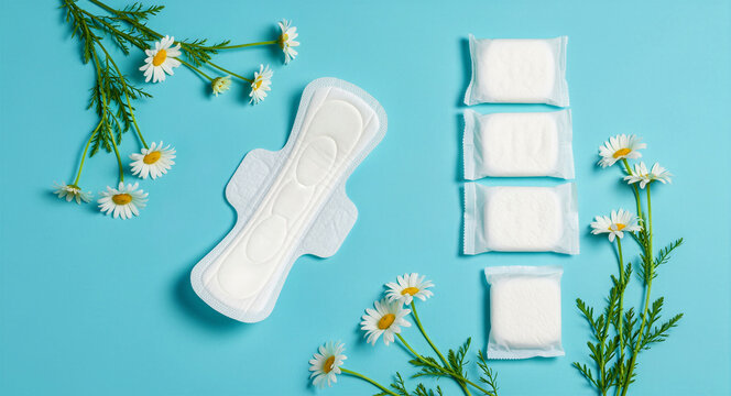 Sanitary napkin and individually wrapped menstrual pads arranged with chamomile flowers on blue background. Top view flat lay representing feminine hygiene and natural care. Ideal for women's health.