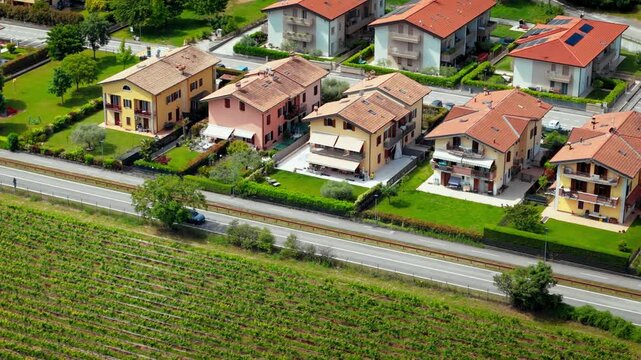 Houses along road with vineyard rows in Costermano sul Garda area, Italian countryside living, aerial view, Italy