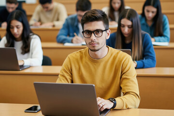 Fototapeta premium Young male student in glasses sits at desk with laptop during lecture. Diverse classmates study in tiered classroom using notebooks and tech. Focused learning environment.