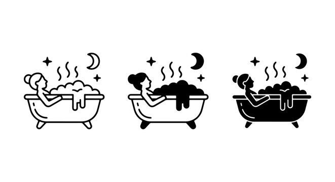 Woman Bathing Icons, Relaxing Spa Bathtub Illustrations, Self-Care Evening Vector Set, Bubble Bath Night Scene