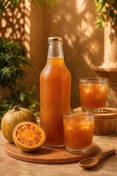Bael sharbat drink set with amber bottle and chilled summer glasses