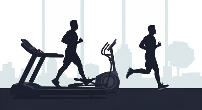 Silhouette illustration of two men exercising in a gym featuring a treadmill and an elliptical machine with a stylized city skyline visible through windows in the background.