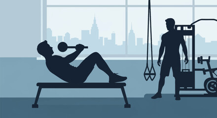 Fototapeta premium Silhouette of a man performing core crunches with a dumbbell on a bench in an urban gym featuring a city skyline window view, exercise equipment, and a trainer standing nearby.