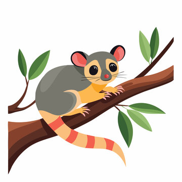 Cute Cartoon Possum Sitting on a Tree Branch