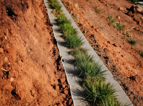 Erosion control mat with new grass growth on a steep dirt slope. Geotextile fabric aids vegetation to stabilize terrain preventing soil slides. Natural landscaping technique for construction sites.