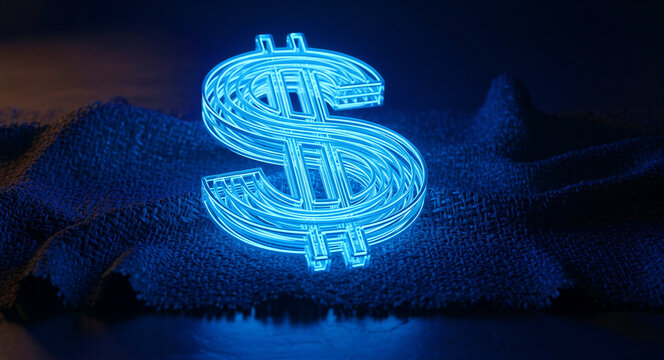 Glowing neon dollar sign on a dark textured surface. Futuristic currency symbol with cyan light in a moody setting. Digital finance concept, ideal for fintech marketing and banking backgrounds.