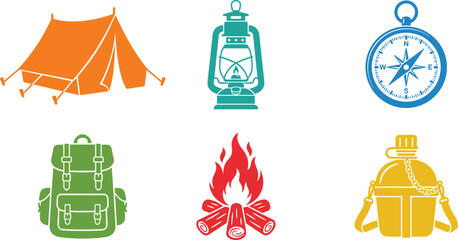 Naklejka premium Minimalist Colorful Camping and Outdoor Adventure Icon Set Featuring Orange Tent Teal Lantern Blue Compass Green Backpack Red Campfire and Yellow Canteen Illustrations