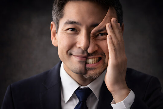 Businessman revealing dual personality behind smiling face, emotional mask and mental health concept. Professional showing hidden sadness, psychological conflict, identity crisis, split emotions, depr