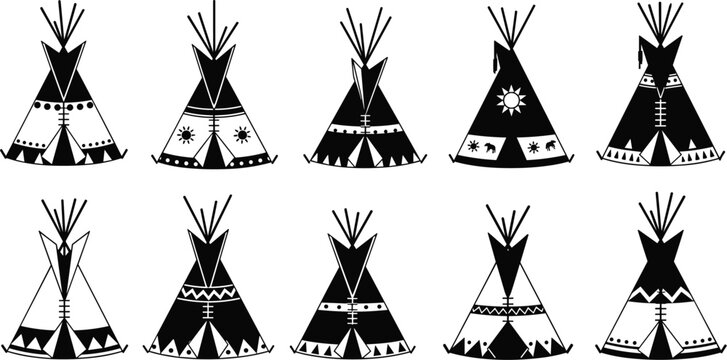 Indigenous Native American Teepee Silhouette Vector Icon Set Featuring Traditional Tribal Wigwams and Tipi Tents with Ethnic Patterns for Western Graphic Designs