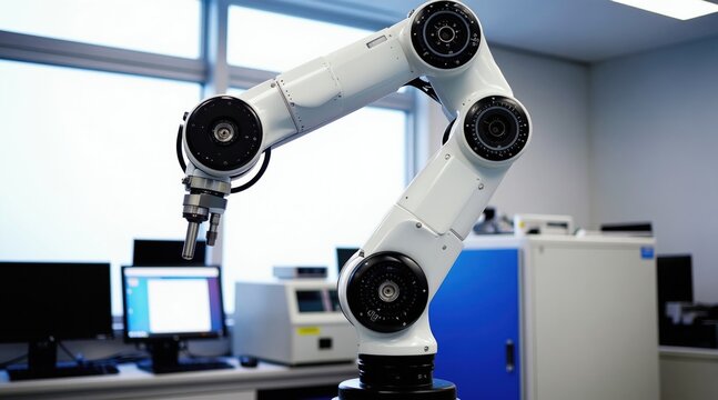 Industrial robotic arm in clean lab setting. White mechanical limb has multiple joints and end effector. Computers and equipment surround it, indicating research and development in automation.