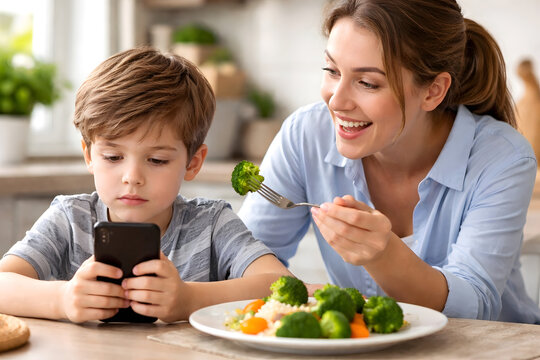Mother feeding healthy vegetables to little boy distracted by smartphone, child screen addiction during family meal, digital parenting challenge, balanced nutrition education, unhealthy mobile phone h