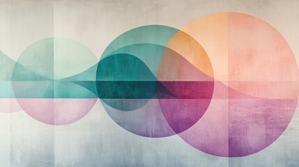 Fototapeta premium Horizontal arrangement of thin lines and overlapping circles with pastel gradients on a pale grey background creates a modern look for a setting or space