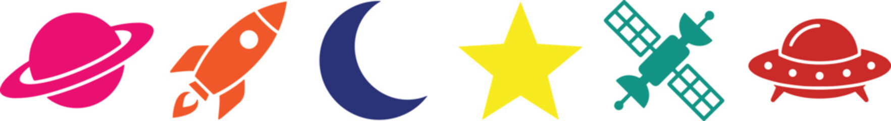 Minimalist Colorful Space and Astronomy Icon Set Featuring Saturn Planet Rocket Ship Crescent Moon Star Satellite and UFO Silhouette Vector Illustrations © MdMostakin