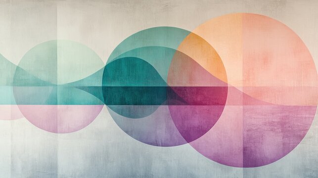 Horizontal arrangement of thin lines and overlapping circles with pastel gradients on a pale grey background creates a modern look for a setting or space