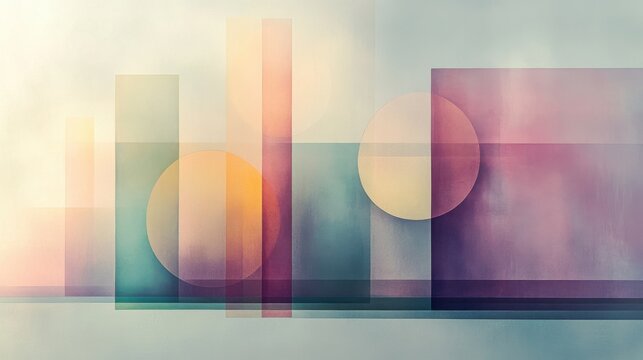 Geometric abstraction with intersecting lines and circles in pastel tones on a pale grey background creates a modern design for various creative uses and inspiration for art projects
