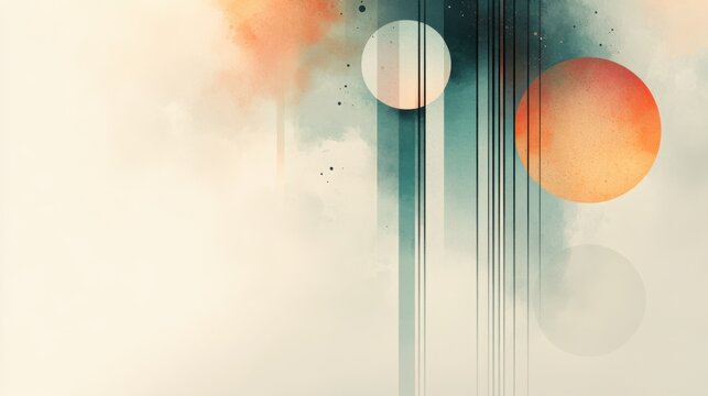 Geometric abstraction with thin lines and overlapping circles in pastel tones set on a pale grey background