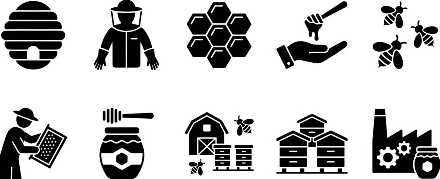 Black and white icons of beekeeping and honey production on white background