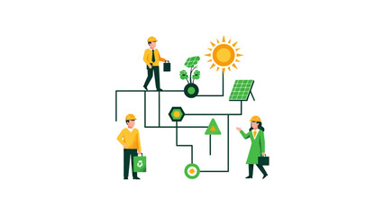 Fototapeta premium Sustainable Green Energy Concept with Engineers and Solar Panels Vector Illustration. Renewable Power Infrastructure and Eco-friendly Business Solutions for Clean Technology.