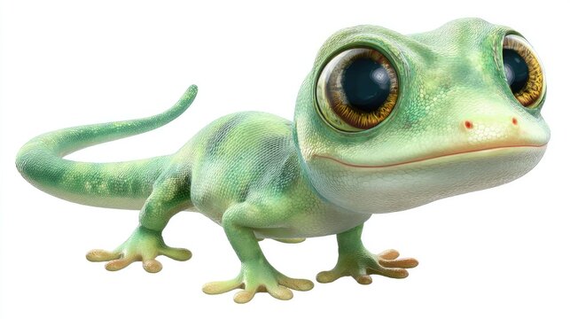 Cute green lizard cartoon character with big eyes on white background