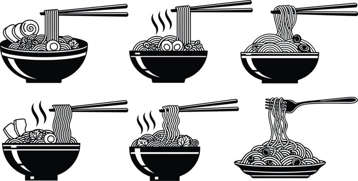 Japanese Ramen Bowl and Italian Pasta Silhouette Vector Set Featuring Chopsticks and Forks Lifting Hot Steaming Noodles for Restaurant Menu Designs