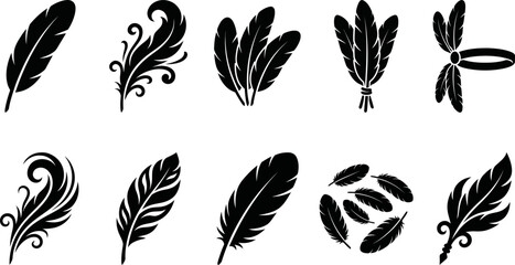 Black feather icons in different shapes and sizes on white background © SAYEDAJANNATUL
