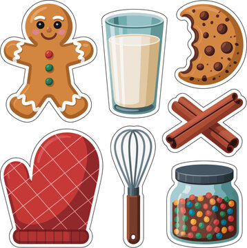 Colorful holiday baking icons featuring gingerbread cookie eggnog glass and cinnamon sticks for festive recipes