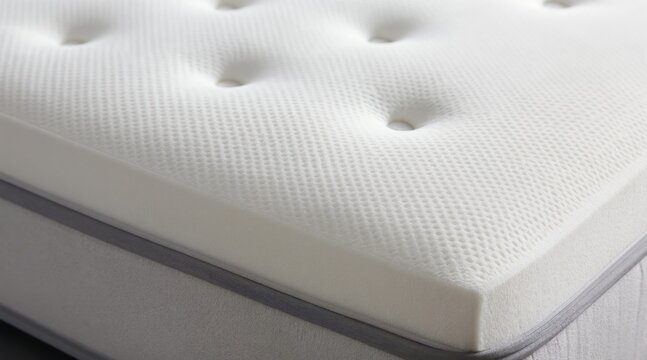 Closeup of a white memory foam mattress surface with stitched pattern detail. It shows soft texture material for good rest and body support. It is for a healthy sleep.