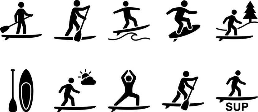 Black silhouettes of people doing various paddleboard activities on white background