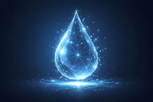 Futuristic glowing water droplet with digital network connections, abstract liquid technology concept on dark blue background. Artificial intelligence visualization, molecular structure, clean water i