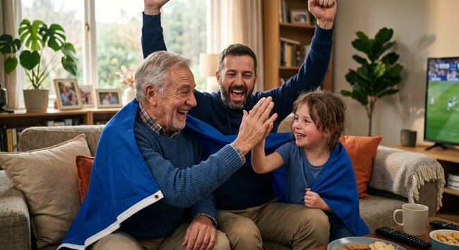 Three generations of family celebrating soccer goal at home