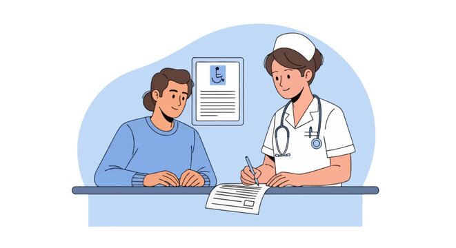 Vector illustration of a nurse in uniform with a stethoscope helping a patient fill out medical forms and paperwork at a clinic reception desk with a disability sign.