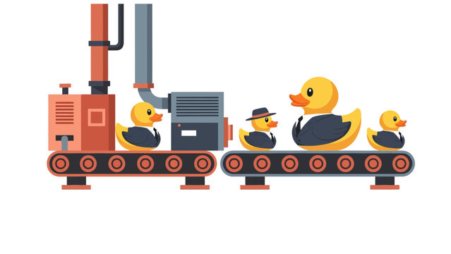 Industrial Conveyor Belt Mass Producing Rubber Ducks in Business Suits, Corporate Concept