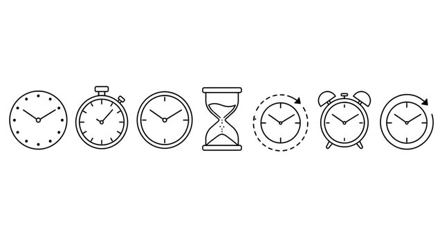 Clock icon set representing time measurement and duration