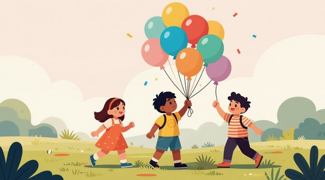 Three kids run with colorful balloons in a grassy field. Joyful children enjoy summer day, celebrating with party favors. Fun outdoor playtime, cheerful mood, friendship.